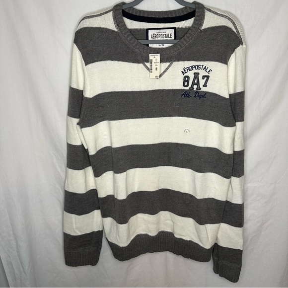 Aeropostale Gray and White Striped Crewneck Sweater - Picture 1 of 4